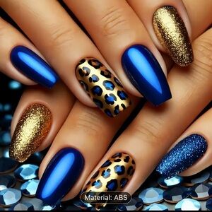 Designer 24Pcs European Square Blue & Golden Leopard-Print Press on Nails